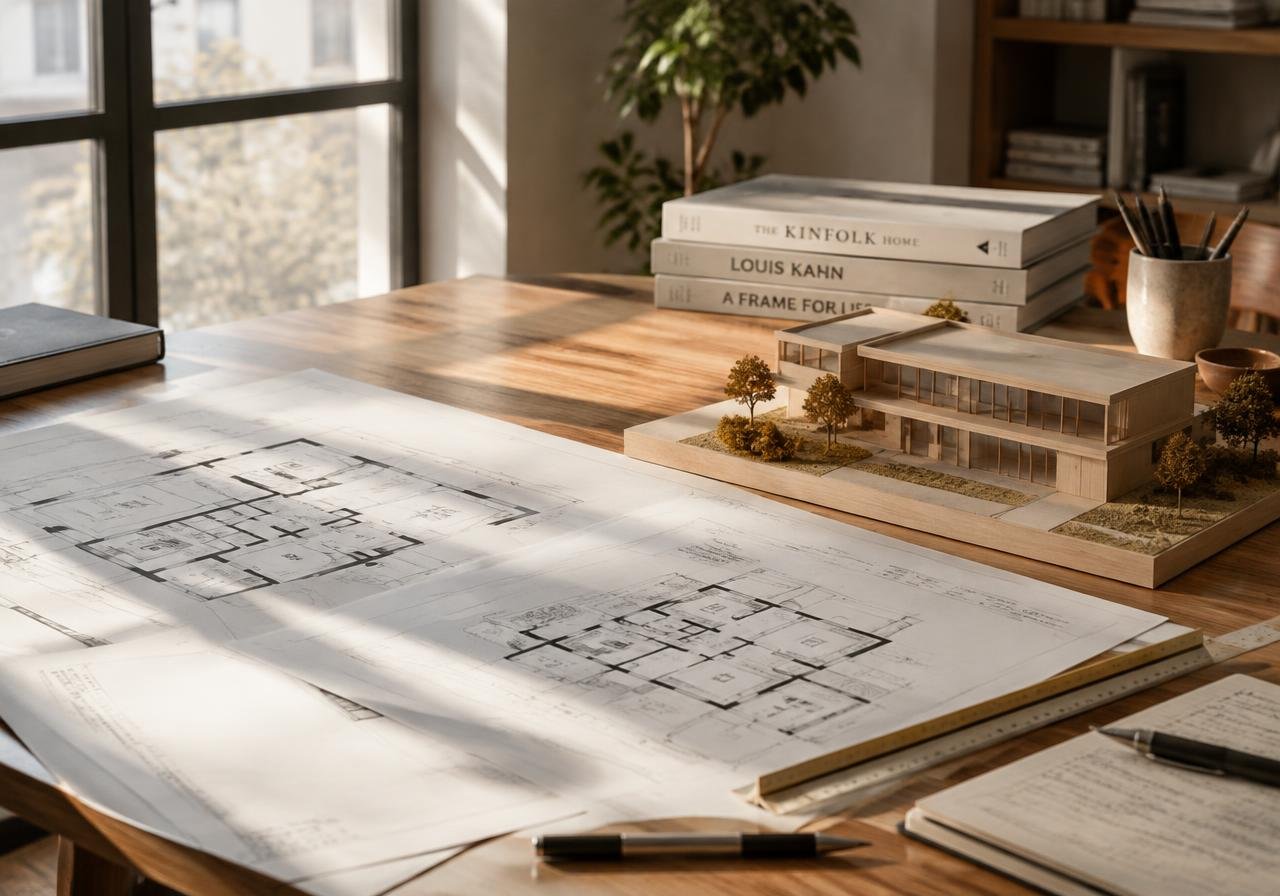 Planos arquitectónicos y maqueta de una casa moderna