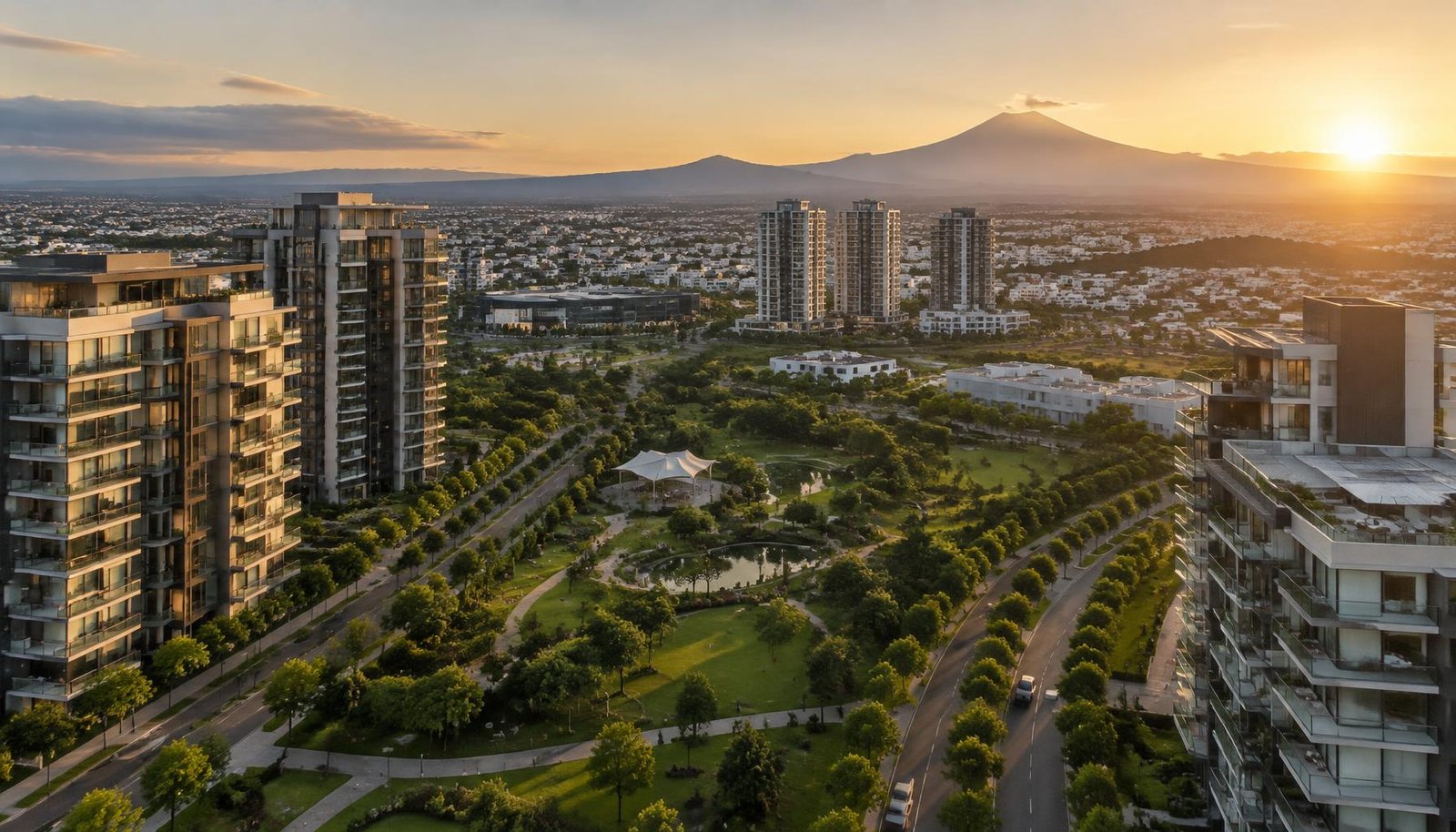 Vista al atardecer de una comunidad residencial con áreas verdes en Lomas de Angelópolis, Puebla